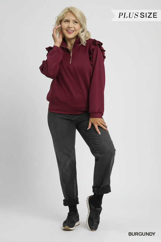 +Luxeknit Ruffle Shoulder Quarter-Zip Pullover