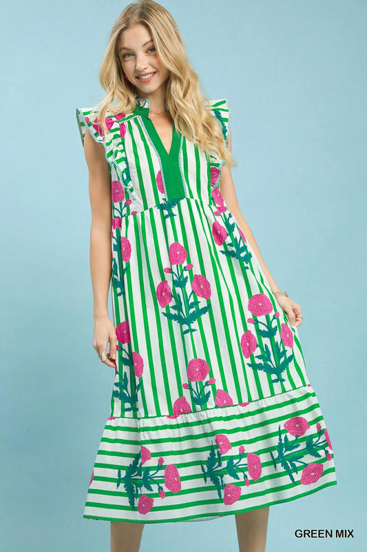 GREEN Mix Striped Floral Midi Dress
