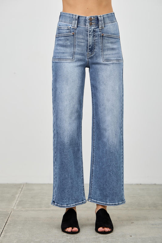HIGH RISE CROP DOUBLE BUTTON JEANS