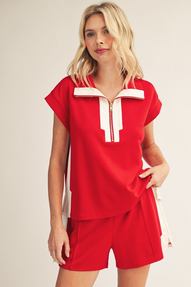 Red White Trim Short Set