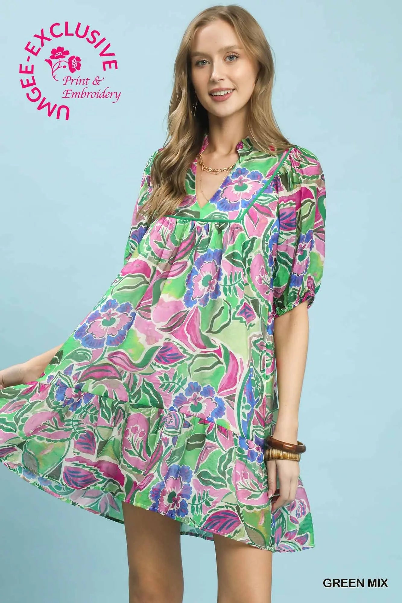 GREEN Abstract V-Neck Baby Doll Dress