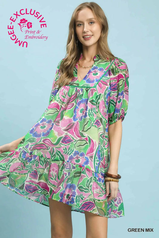 GREEN Abstract V-Neck Baby Doll Dress