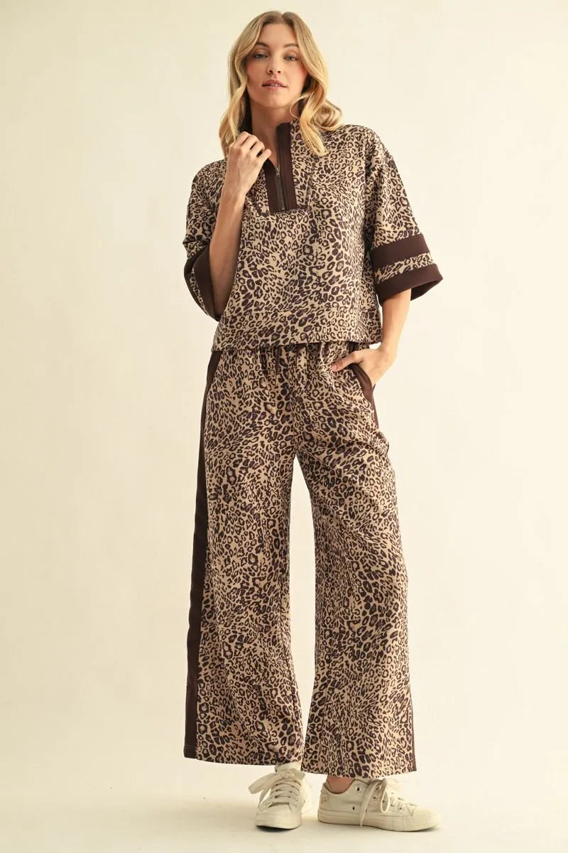 Front zip up faux suede leopard top with solid contrast accent