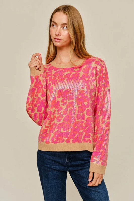Leopard sweater top with sequins covered