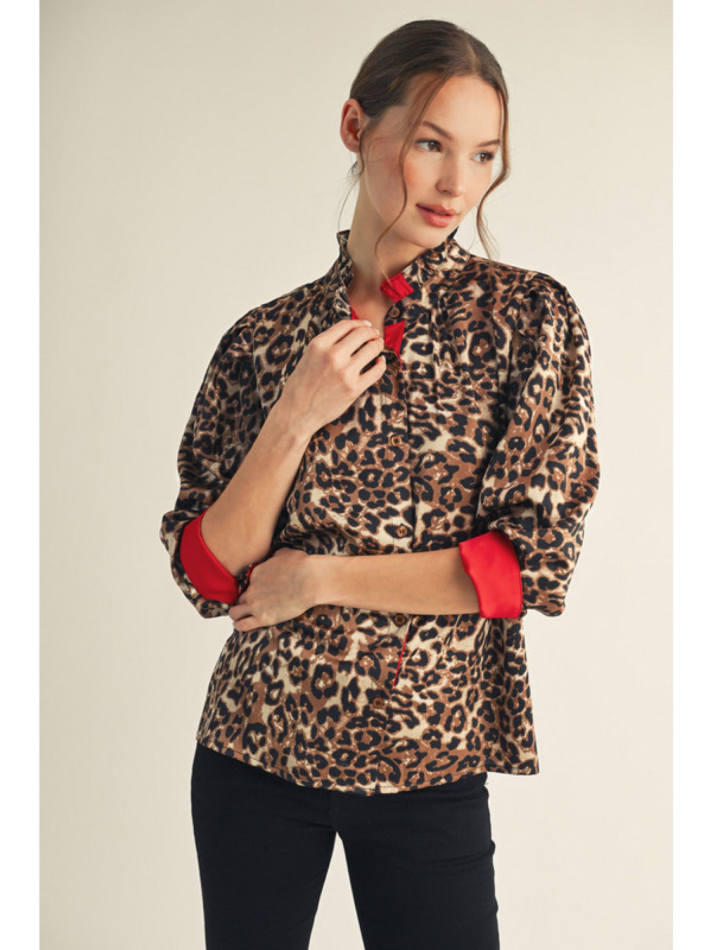 Red/Animal Print Button Down