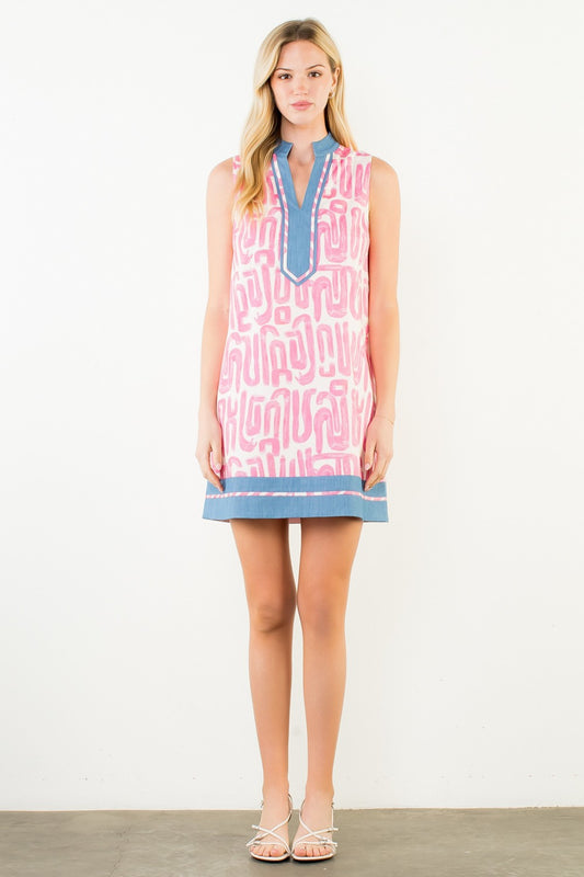 Pink Sleeveless Abstract Pattern Dress