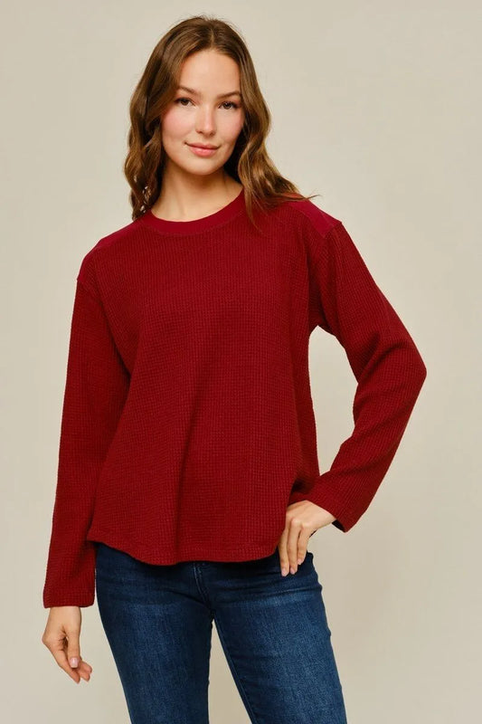 Waffle knit casual top with shoulder contrast, reverse stitch