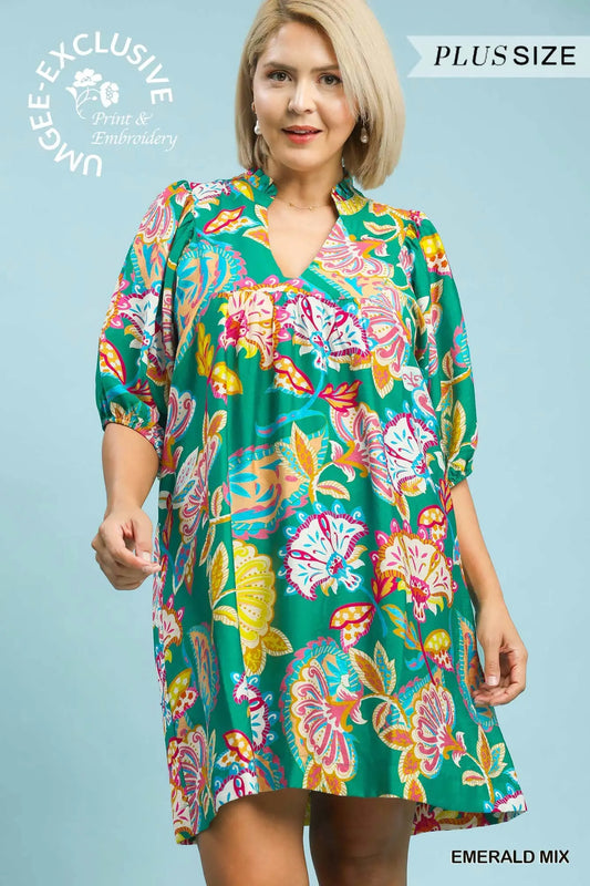 Abstract Print Puff Sleeve Babydoll Dress